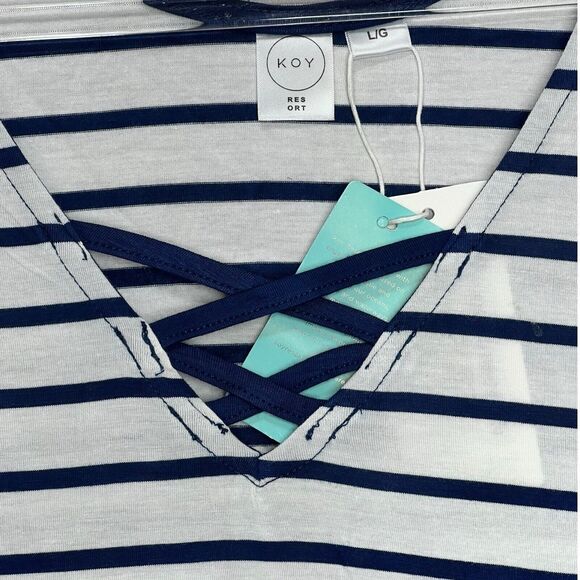 Nautical Stripe Dress Size M/L Swim Cover Up Criss Cross Back Coastal Preppy - Picture 4 of 10